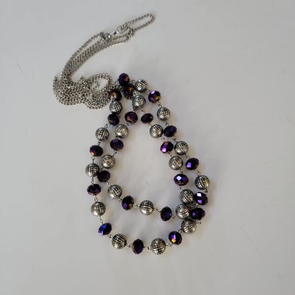 Purple Beaded Necklace with Silver Accent Long Chain Boho Jewelry Statement Gift - Picture 5 of 10